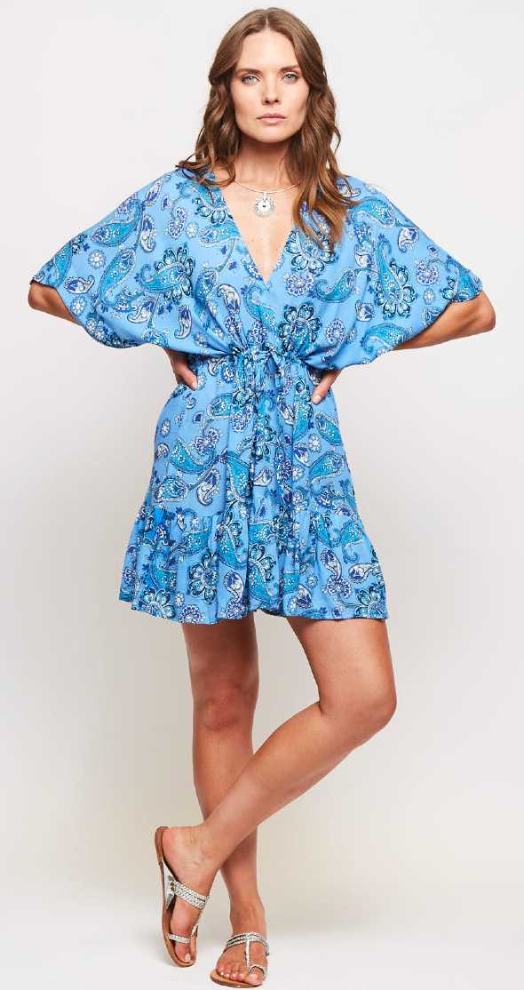 VESTIDO MINI CUELLO V BLUE PAISLEY