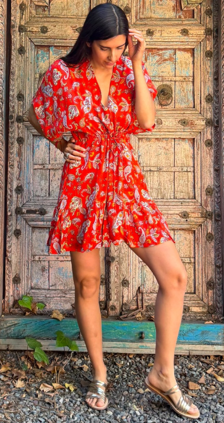 Vestido Mini Cuello V Orange Paisley
