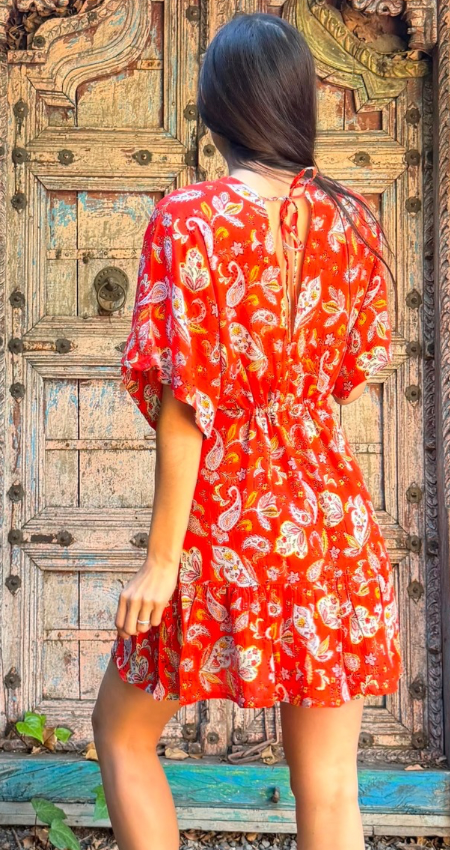 Vestido Mini Cuello V Orange Paisley