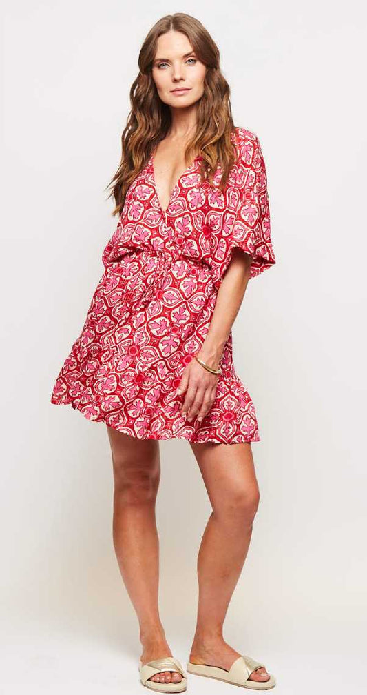VESTIDO MINI CUELLO V FUCSIA SHINE