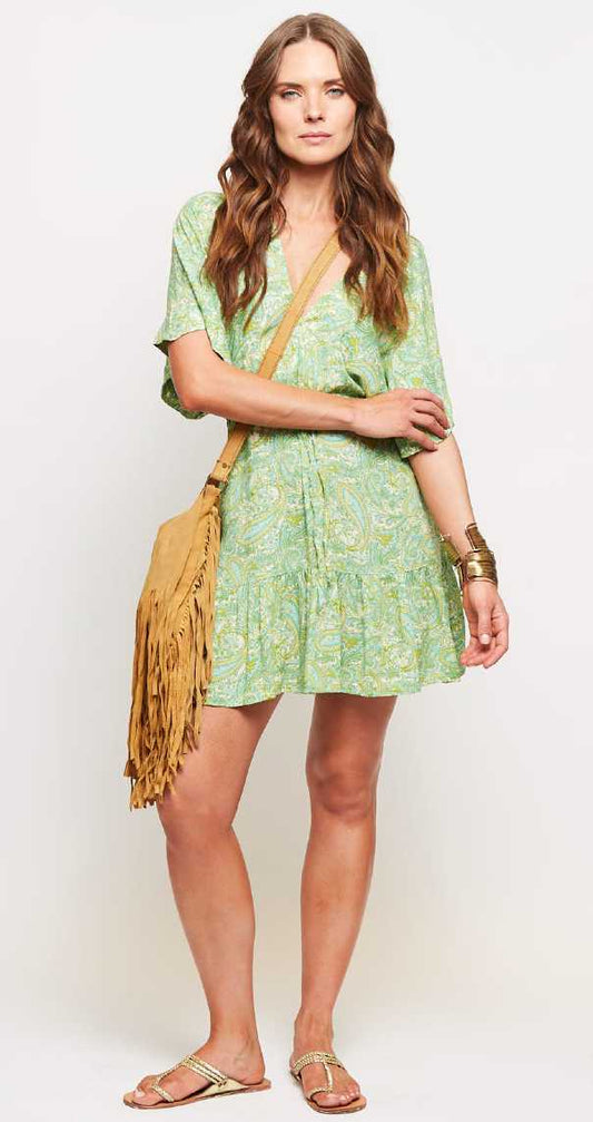 VESTIDO MINI CUELLO V GREEN PAISLEY